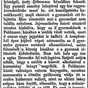 „Rituális gyilkosság.” (Forrás: Pesti Hírlap, 1883. 04. 25., 6. o.)
